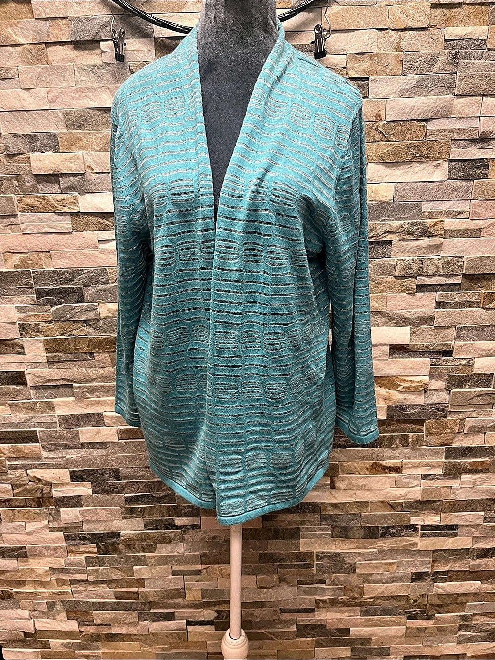 Alfred Dunner Teal Open Front Metallic Stripe Cardigan Blue & Silver Large